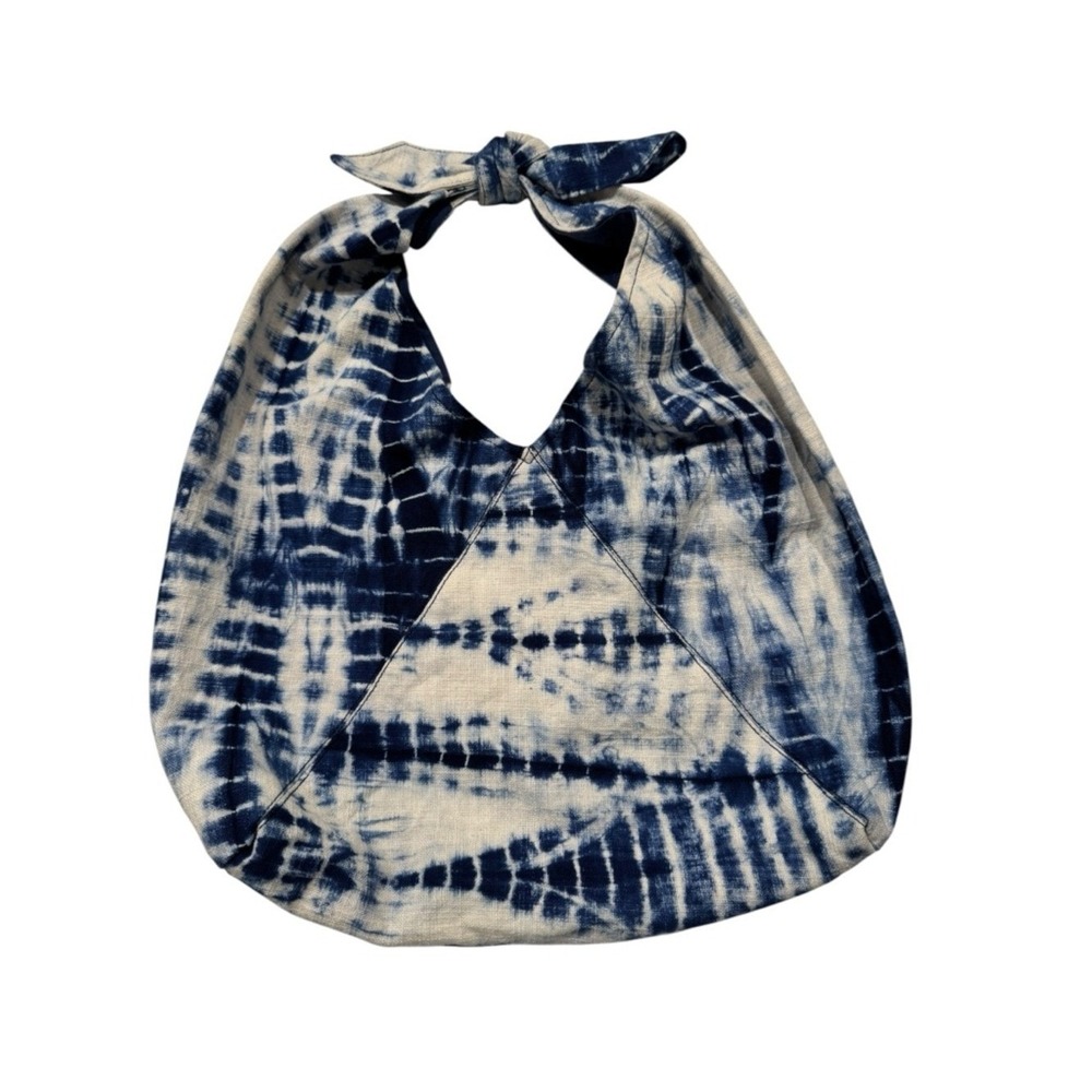 Mango MNG Tie Dye Hobo Bag Blue White Reversible Canvas Knot Strap Tote